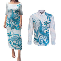 Blue Hawaii Humpback Whale Couples Matching Puletasi and Long Sleeve Button Shirt Polynesian Tribal Ocean Vibes