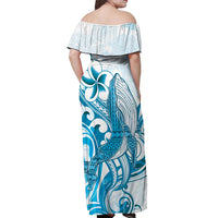 Blue Hawaii Humpback Whale Off Shoulder Maxi Dress Polynesian Tribal Ocean Vibes