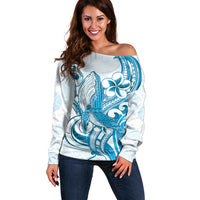 Blue Hawaii Humpback Whale Off Shoulder Sweater Polynesian Tribal Ocean Vibes LT14 Women Blue - Polynesian Pride