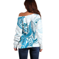 Blue Hawaii Humpback Whale Off Shoulder Sweater Polynesian Tribal Ocean Vibes LT14 - Polynesian Pride