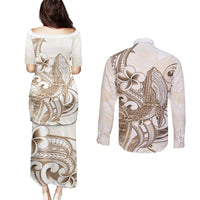 Brown Hawaii Humpback Whale Couples Matching Puletasi and Long Sleeve Button Shirt Polynesian Tribal Ocean Vibes
