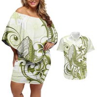 Lime Green Hawaii Couples Matching Off Shoulder Short Dress and Hawaiian Shirt Humpback Whale Tattoo Polynesian Tribal Ocean Vibes