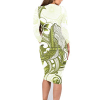 Lime Green Hawaii Family Matching Long Sleeve Bodycon Dress and Hawaiian Shirt Humpback Whale Tattoo Polynesian Tribal Ocean Vibes