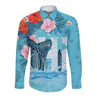 Personalised Hawaii Long Sleeve Button Shirt Humpback Whale Tattoo With Tropical Flowers LT14 Unisex Blue - Polynesian Pride