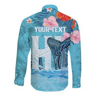 Personalised Hawaii Long Sleeve Button Shirt Humpback Whale Tattoo With Tropical Flowers LT14 - Polynesian Pride