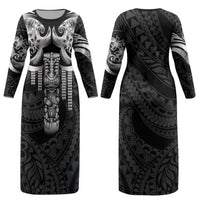 Tiki Drum Hawaii Couples Matching Long Sleeve Bodycon Dress and Hawaiian Shirt Hawaiian Kakau Tattoo Style LT14 - Polynesian Pride