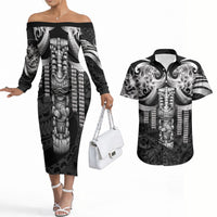 Tiki Drum Hawaii Couples Matching Off The Shoulder Long Sleeve Dress and Hawaiian Shirt Hawaiian Kakau Tattoo Style LT14 Black - Polynesian Pride