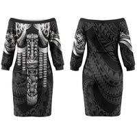 Tiki Drum Hawaii Couples Matching Off The Shoulder Long Sleeve Dress and Hawaiian Shirt Hawaiian Kakau Tattoo Style LT14 - Polynesian Pride