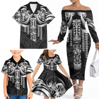 Tiki Drum Hawaii Family Matching Off The Shoulder Long Sleeve Dress and Hawaiian Shirt Hawaiian Kakau Tattoo Style LT14 - Polynesian Pride