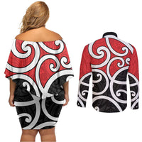 New Zealand Couples Matching Off Shoulder Short Dress and Long Sleeve Button Shirt Maori Koru Tino Rangatiratanga Color - Polynesian Pride
