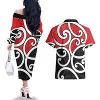 New Zealand Couples Matching Off The Shoulder Long Sleeve Dress and Hawaiian Shirt Maori Koru Tino Rangatiratanga Color - Polynesian Pride