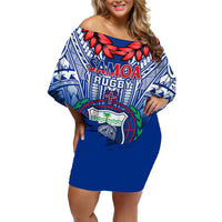 Samoa Rugby Off Shoulder Short Dress 2023 Go Manu Samoa With Ula Fala Style LT14 Women Blue - Polynesian Pride