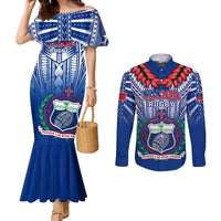 Custom Samoa Rugby Couples Matching Mermaid Dress and Long Sleeve Button Shirts 2023 Go Manu Samoa With Ula Fala Style LT14 Blue - Polynesian Pride