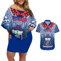 Custom Samoa Rugby Couples Matching Off Shoulder Short Dress and Hawaiian Shirt 2023 Go Manu Samoa With Ula Fala Style LT14 Blue - Polynesian Pride
