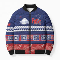 Personalised FAST Samoa Siapo Bomber Puffer Jacket Teuila Flowers Samoan Pattern LT14 Unisex Blue - Polynesian Pride