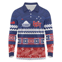 Personalised FAST Samoa Siapo Long Sleeve Polo Shirt Teuila Flowers Samoan Pattern LT14 Blue - Polynesian Pride