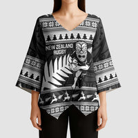 New Zealand Christmas Rugby Personalised Kimono Sleeve Blouse Meri Kirihimete All Black Maori - Polynesian Pride