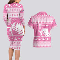 New Zealand Christmas Rugby Personalised Couples Matching Long Sleeve Bodycon Dress and Hawaiian Shirt Meri Kirihimete All Black Maori Pink Version - Polynesian Pride
