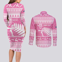 New Zealand Christmas Rugby Personalised Couples Matching Long Sleeve Bodycon Dress and Long Sleeve Button Shirt Meri Kirihimete All Black Maori Pink Version - Polynesian Pride