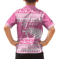 New Zealand Christmas Rugby Personalised Family Matching Off The Shoulder Long Sleeve Dress and Hawaiian Shirt Meri Kirihimete All Black Maori Pink Version - Polynesian Pride