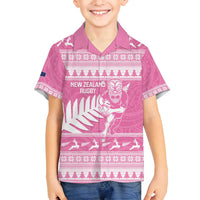 New Zealand Christmas Rugby Personalised Family Matching Off Shoulder Short Dress and Hawaiian Shirt Meri Kirihimete All Black Maori Pink Version - Polynesian Pride