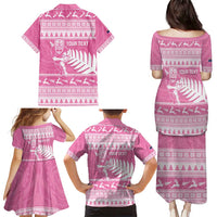 New Zealand Christmas Rugby Personalised Family Matching Puletasi and Hawaiian Shirt Meri Kirihimete All Black Maori Pink Version - Polynesian Pride