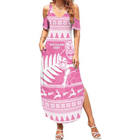 New Zealand Christmas Rugby Personalised Family Matching Summer Maxi Dress and Hawaiian Shirt Meri Kirihimete All Black Maori Pink Version - Polynesian Pride