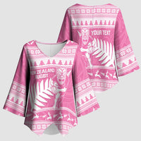 New Zealand Christmas Rugby Personalised Kimono Sleeve Blouse Meri Kirihimete All Black Maori Pink Version - Polynesian Pride