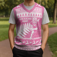 New Zealand Christmas Rugby Personalised Christmas Knitted V-Neck Vest Meri Kirihimete All Black Maori Pink Version - Polynesian Pride