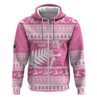 New Zealand Christmas Rugby Personalised Zip Hoodie Meri Kirihimete All Black Maori Pink Version - Polynesian Pride