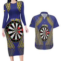 Personalised Niue Darts Couples Matching Long Sleeve Bodycon Dress and Hawaiian Shirt Dart Board Hiapo Pattern - Polynesian Pride