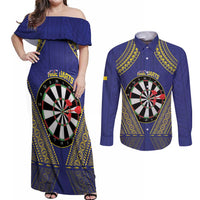 Personalised Niue Darts Couples Matching Off Shoulder Maxi Dress and Long Sleeve Button Shirt Dart Board Hiapo Pattern - Polynesian Pride