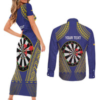Personalised Niue Darts Couples Matching Short Sleeve Bodycon Dress and Long Sleeve Button Shirt Dart Board Hiapo Pattern - Polynesian Pride