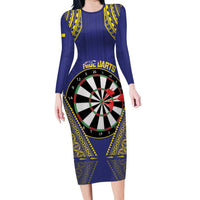 Personalised Niue Darts Long Sleeve Bodycon Dress Dart Board Hiapo Pattern - Polynesian Pride