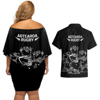 New Zealand Silver Fern Rugby Couples Matching Off Shoulder Short Dress and Hawaiian Shirt Haka Aotearoa Kiwi Dance LT14 - Polynesian Pride