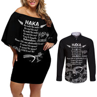 New Zealand Silver Fern Rugby Couples Matching Off Shoulder Short Dress and Long Sleeve Button Shirt Haka Aotearoa Kiwi Dance LT14 Black - Polynesian Pride