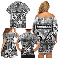 Black Bula Fiji Family Matching Off Shoulder Short Dress and Hawaiian Shirt Unique Masi Tapa Pattern