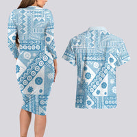 Blue Bula Fiji Couples Matching Long Sleeve Bodycon Dress and Hawaiian Shirt Unique Masi Tapa Pattern