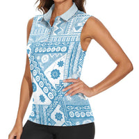 Blue Bula Fiji Women Sleeveless Polo Shirt Unique Masi Tapa Pattern LT14 - Polynesian Pride