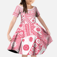 Pink Bula Fiji Family Matching Off Shoulder Maxi Dress and Hawaiian Shirt Unique Masi Tapa Pattern LT14 Daughter's Dress Pink - Polynesian Pride