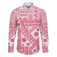 Pink Bula Fiji Family Matching Off Shoulder Maxi Dress and Hawaiian Shirt Unique Masi Tapa Pattern LT14 Dad's Shirt - Long Sleeve Pink - Polynesian Pride