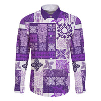 Hawaiian Quilt Family Matching Off Shoulder Short Dress and Hawaiian Shirt Tiki Tropical Retro Purple Version LT14 Dad's Shirt - Long Sleeve Purple - Polynesian Pride
