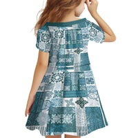 Hawaiian Quilt Family Matching Off Shoulder Long Sleeve Dress and Hawaiian Shirt Tiki Tropical Retro Dark Cyan Version LT14 - Polynesian Pride