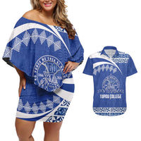 Personalised Tonga Tupou College Toloa Couples Matching Off Shoulder Short Dress and Hawaiian Shirt 160 Years Anniversary Tongan Ngatu Pattern