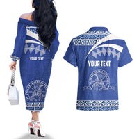 Personalised Tonga Tupou College Toloa Couples Matching Off The Shoulder Long Sleeve Dress and Hawaiian Shirt 160 Years Anniversary Tongan Ngatu Pattern