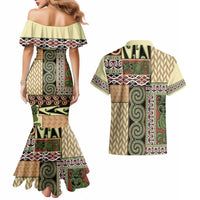 Beige Aotearoa Kowhaiwhai Pattern Couples Matching Mermaid Dress and Hawaiian Shirt NZ Maori Quilt Style