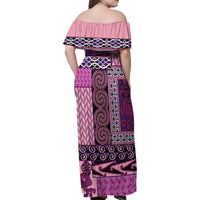 Pink Aotearoa Kowhaiwhai Pattern Family Matching Off Shoulder Maxi Dress and Hawaiian Shirt NZ Maori Quilt Style
