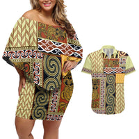 Yellow Aotearoa Kowhaiwhai Pattern Couples Matching Off Shoulder Short Dress and Hawaiian Shirt NZ Maori Quilt Style