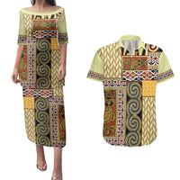 Yellow Aotearoa Kowhaiwhai Pattern Couples Matching Puletasi and Hawaiian Shirt NZ Maori Quilt Style