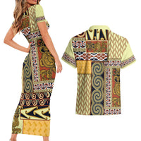 Yellow Aotearoa Kowhaiwhai Pattern Couples Matching Short Sleeve Bodycon Dress and Hawaiian Shirt NZ Maori Quilt Style